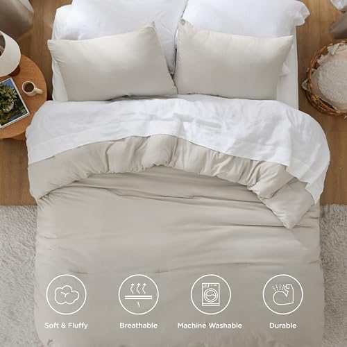 Bedsure Queen Size Comforter Set, Beige Soft Prewashed Bedding for All Seasons, 3 Pieces GentleSoft™ Warm Down Alternative Bed Set, 1 Lightweight Comforter (90"x90") and 2 Pillowcases (20"x26")