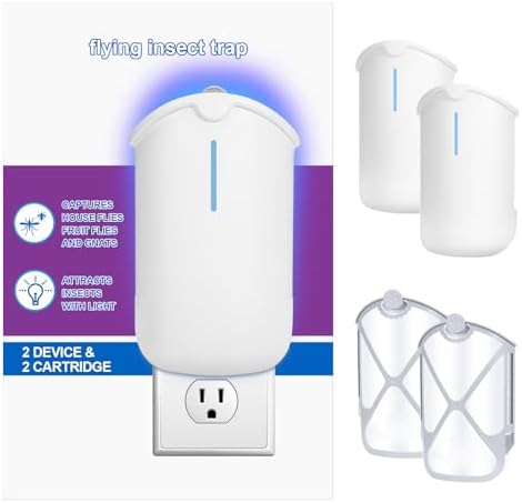 2 Flying Insect Traps & 2 Cartridges - Compatible with ZEVOM364A Refill - Plug in Fruit Fly Trap for Indoor - Bug Catcher for Gnats, House & Fruit Flies - Use in Any Room (2 Device & 2 Cartridges)