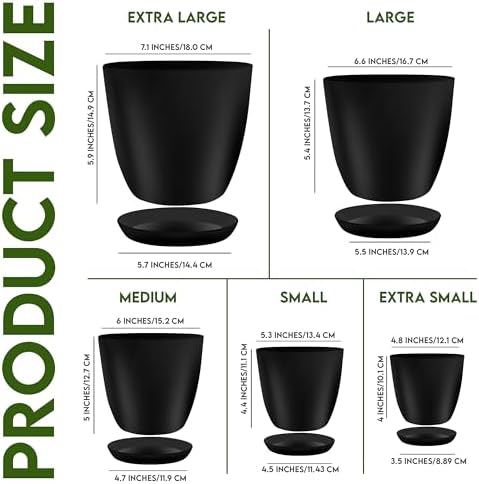Utopia Home - Plant Pots Indoor with Drainage - 7/6.6/6/5.3/4.8 Inches Flower Pots for Indoor Planter - 5 Pack Plastic Planters - Ideal for Stocking Stuffers or Home Christmas Decorations - Black