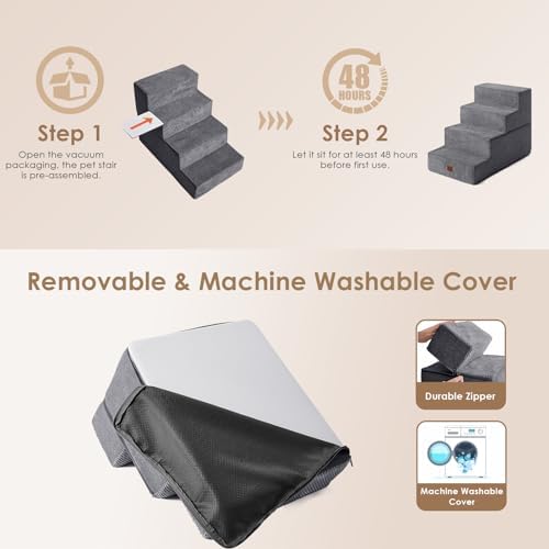 EHEYCIGA Dog Stairs for Bed 18" H, 4-Step Dog Steps for High Bed, Pet Steps for Small Dogs and Cats, Non-Slip Balanced Pet Ramp Indoor, Grey