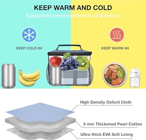 ExtraCharm Insulated Lunch Bag for Women/Men - Reusable Lunch Box for Office Picnic Hiking Beach - Leakproof Cooler Tote Bag Organizer with Adjustable Shoulder Strap for Adults - Black