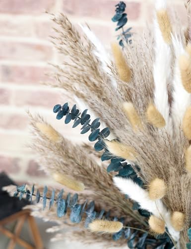 120 PCS Dried Pampas Grass Decoration, Pampas Grass with Preserved Eucalyptus Leaves Dried Flowers, Reed Grass Bouquet for Bohemian Flowers Home Table Wedding Decoration, Rustic Farmhour.(light brown)