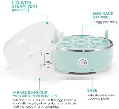 Elite Gourmet EGC115M Easy Egg Cooker Electric 7-Egg Capacity, Soft, Medium, Hard-Boiled Egg Cooker with Auto Shut-Off, Measuring Cup Included, BPA Free, Retro Mint