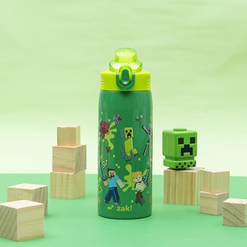 Zak Designs Minecraft Sage Kids Water Bottle For School or Travel, 19oz Stainless Steel Water Bottle With Straw, Handle, and Leak-Proof, Pop-Up Spout Cover (Steve, Alex, Mobs)