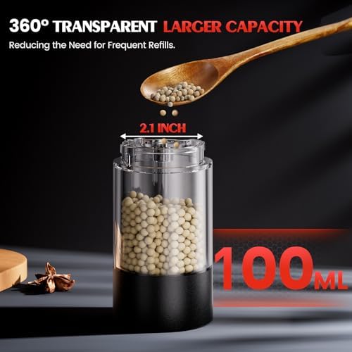 Electric Salt and Pepper Grinder Set Automatic Battery Pepper Mill Shakers Adjustable Coarseness Easy Filling Upgraded Larger Capacity with Led (2 Pack Black/Black)
