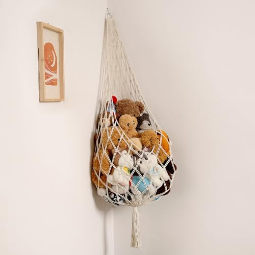 Stuffed Animal Storage Organizers Corner Hanging Net Stuffy Animal Hammock Macrame Toy Display Plush Toy Holder Wall, Kid Bedroom Decor Boho Nursery Playroom Organizer (Cream)