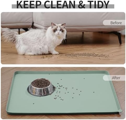 Waterproof Pet Feeding Mat with High Raised Edges, Heavier and Thicker Placemats for Cat Dog Water Bowl with BPA Free, Dogs Cats Food Mats for Messy Drinkers to Prevent Spill and Protect Floors