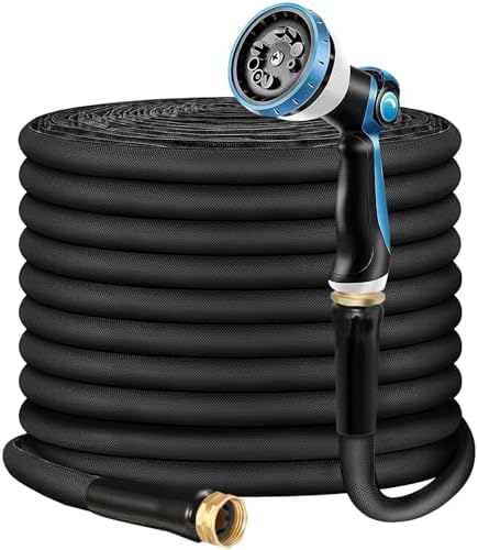 Non-Expandable Garden Hose 100feet, Flexible Water Hose with 10 Function Hose Nozzle, Lightweight, Tangle Free, Rust Proof for Yard (Black)
