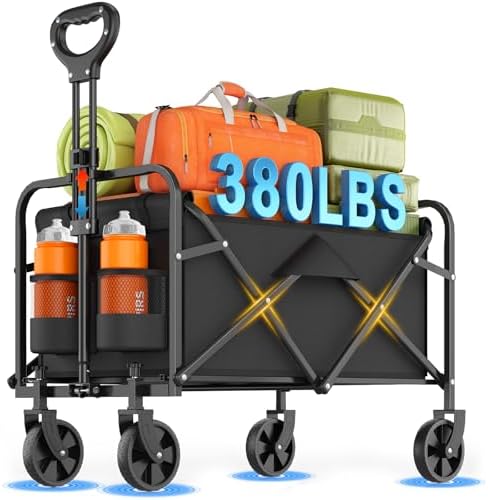 Heavy-Duty Collapsible Wagon Cart, Foldable Utility Cart with Extra Large Capacity and Drink Holders for Shopping, Camping, Grocery, Sports