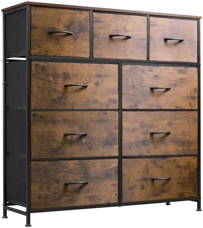 WLIVE 9-Drawer Dresser, Fabric Storage Tower for Bedroom, Hallway, Entryway, Closet, Tall Chest Organizer Unit with Fabric Bins, Steel Frame, Wood Top, Easy Pull Handle, Rustic Brown Wood Grain Print