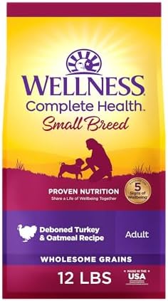 Wellness Complete Health Small Breed Adult Dry Dog Food with Grains and Real Turkey, Natural Ingredients, Omega Fatty Acids, and Probiotics, Made in USA (12-Pound Bag)”