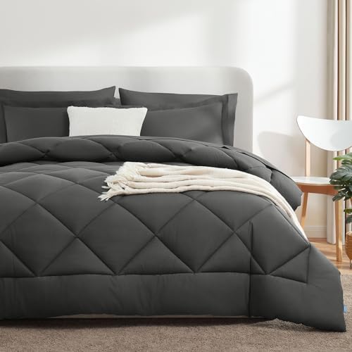 CozyLux Queen Comforter Set Dark Grey - Bed in a Bag Queen Size 7 Pieces, Luxury Soft Bed Set for All Seasons, Bedding Set with Down Alternative Comforter, Sheets, Pillowcases & Shams