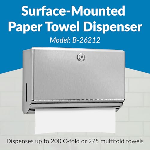 Bobrick Surface-Mounted Paper Towel Dispenser, Satin-Finish Stainless Steel, Holds 200 C-Fold & 275 Multifold Towels, ADA Compliant, Manual Operation, Tumbler Lock, Hemmed Tray Opening (Model B-26212)