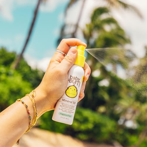 Baby Bum SPF 50 Sunscreen Spray | Mineral UVA/UVB Face and Body Protection for Sensitive Skin | Fragrance Free | Travel Size | 3 FL OZ