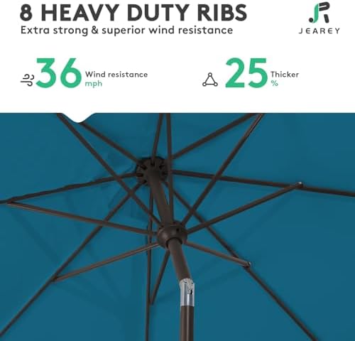 JEAREY 9FT Outdoor Patio Umbrella Outdoor Table Umbrella with Push Button Tilt and Crank, Market Umbrella 8 Sturdy Ribs UV Protection Waterproof for Garden, Deck, Backyard, Pool (Lake Blue)