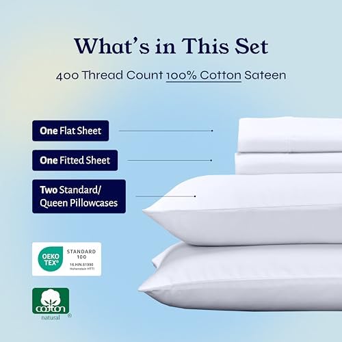 California Design Den Natural 100% Cotton Sheets Queen Size Bed Set - Soft 400 Thread Count Sateen, Queen Sheets, Deep Pockets with All Around Elastic for a Snug Fit, Cool & Durable Bedding - White