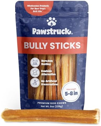 Pawstruck Natural 5-8" Bully Sticks for Dogs - Best Long-Lasting, Rawhide-Free, Low Odor Dental Chew Treat - Healthy Single Ingredient, 100% Real Beef - 8 oz Bag - Packaging May Vary