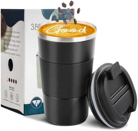 YINBAOGE Insulated Travel Coffee Mug Spill Proof Leak Proof Pobtable To Go Camping Stainless Steel Coffee Tumbler Reusable Coffee Cups with Lids Thermos for Hot and Cold Drink (Black, 17 OZ)