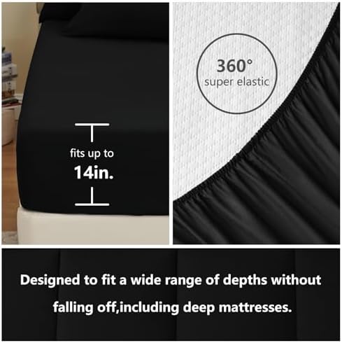 CozyLux Queen Comforter Set Black 7 Pieces Bed in a Bag Black Premium Comforters Queen Size Bed Set Bedding Sets Queen with All Season Stitch Quilted Comforter, Flat Sheet, Fitted Sheet, Pillowcases