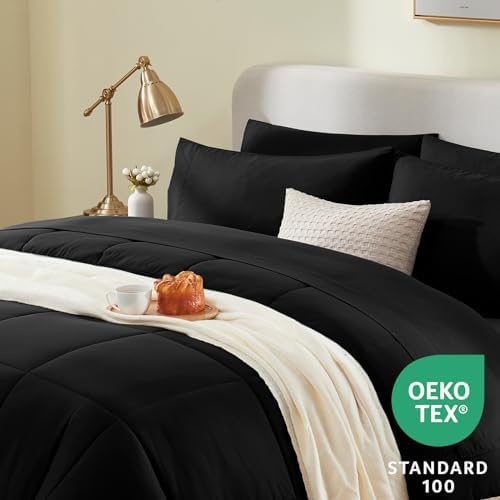 CozyLux Queen Comforter Set Black 7 Pieces Bed in a Bag Black Premium Comforters Queen Size Bed Set Bedding Sets Queen with All Season Stitch Quilted Comforter, Flat Sheet, Fitted Sheet, Pillowcases