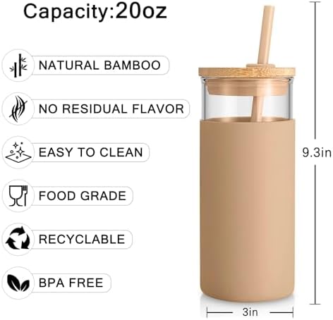 Tronco 20 oz Glass Tumbler with Lid & Straw - Iced Coffee Cup & Smoothie Cup With Silicone Sleeve | BPA-Free, Dishwasher Safe | Reusable Glass Cups with Bamboo Lids and Straws (Amber, 1 Count)
