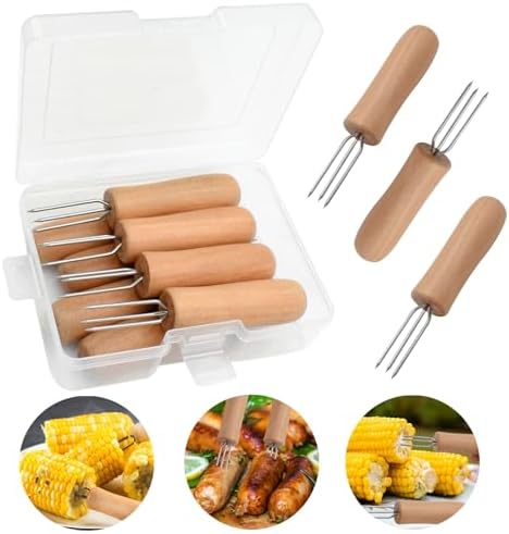 Stainless Steel Corn Holders - 8 Pack with Wooden Handle, Perfect for Grilling, Roasting, and BBQ
