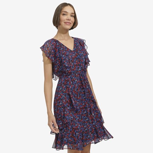Tommy Hilfiger Women's Dress Fit and Flare,Sky Captain/Guava,16