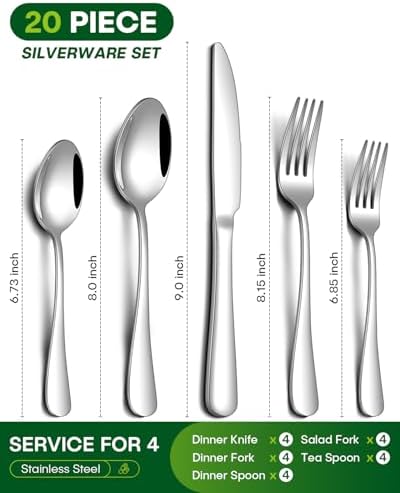 20 Piece Silverware Set, Stainless Steel Flatware Set for 4 Food Grade Cutlery Utensil Set Include Knife Fork Spoon Mirror Polished Dishwasher Safe