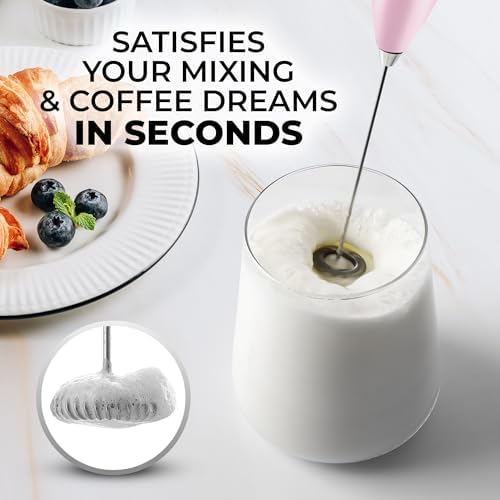 Zulay Powerful Milk Frother for Coffee - Upgraded Titanium Motor Handheld Electric Whisk, Milk Foamer, Mini Mixer and Coffee Blender Frother for Frappe, Latte, Matcha - Pink