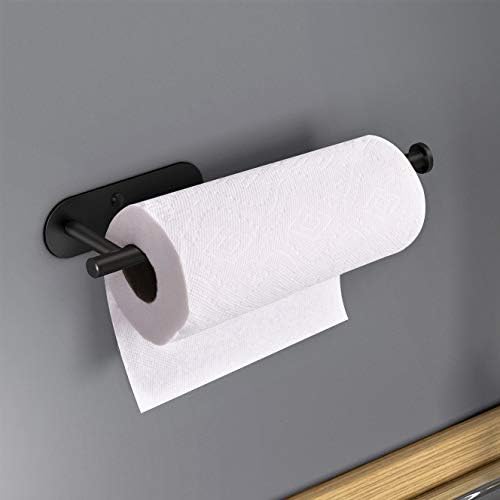 VAEHOLD Adhesive Paper Towel Holder Under Cabinet Wall Mount for Kitchen Paper Towel, Black Paper Towel Roll Holder Stick to Wall, SUS304 Stainless Steel(Black)