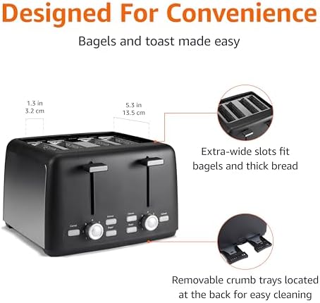 Amazon Basics 4 Slice Toaster, With 7 Browning Settings, Extra Wide Slots For Bagels and Special Breads, Removable Easy-to-Clean Crumb Trays, Cancel/Defrost/Bagel Buttons, 1500W, Black & Silver