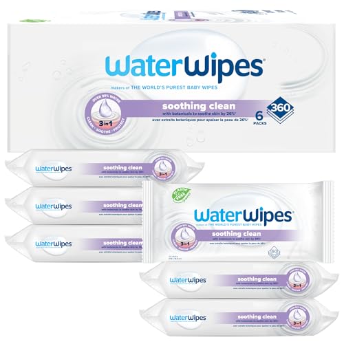 WaterWipes Sensitive+ Soothing Wipes, 3-In-1 Cleans, Cares, Soothes, 99% Water with Botanical Extract, Unscented & Hypoallergenic Baby Wipes, 360 Count (6 Packs)