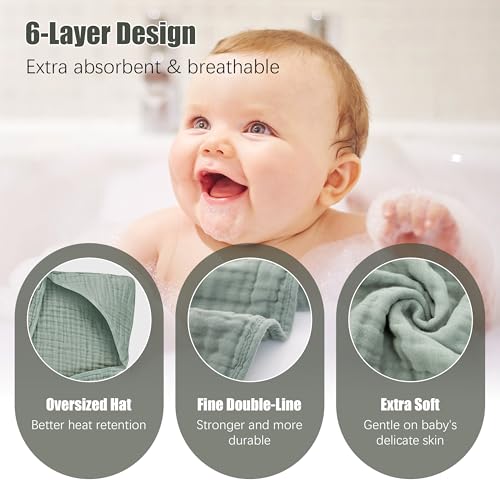 2 Pack Hooded Baby Towels - 100% Muslin Cotton for Newborns, Infants, Toddlers - Large 32x32Inch Size - Highly Absorbent and Essential for Newborn Care, Green and Grey