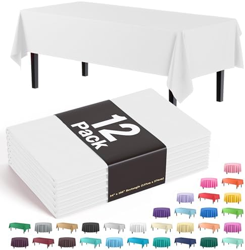 Exquisite 12-Pack Premium Plastic Tablecloth 54 Inch. x 108 Inch. Rectangle Table Cover-White