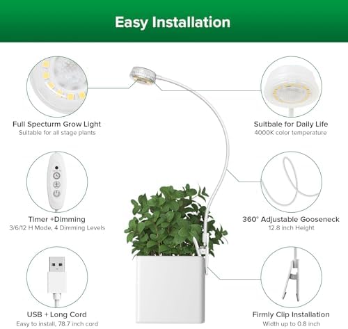 SANSI Grow Lights for Indoor Plants, Pot Clip LED Plant Lights for Indoor Growing, Full Spectrum, Plant Lamp with 4-Level Dimmable, Auto On Off 3 6 12 Hrs Timer for Succulents, Small Plant, White, 5V.