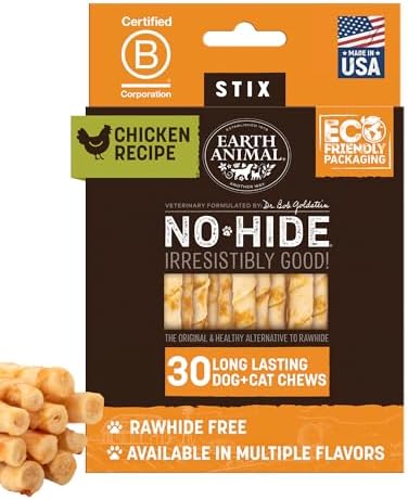 Earth Animal No Hide Stix Chicken Flavored Natural Rawhide Free Dog Chews Long Lasting Chew Sticks | Treats for Small Dogs and Cats | Great for Aggressive Chewers 4.8 Oz