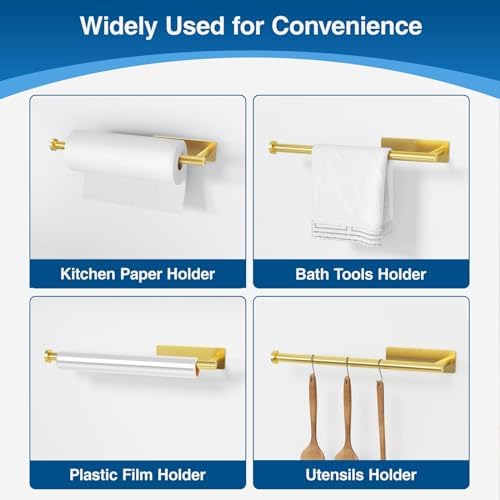 Paper Towel Holder - Self-Adhesive or Drilling, Gold, Wall Mounted, SUS304 Stainless Steel Kitchen Roll Dispenser Under Cabinet