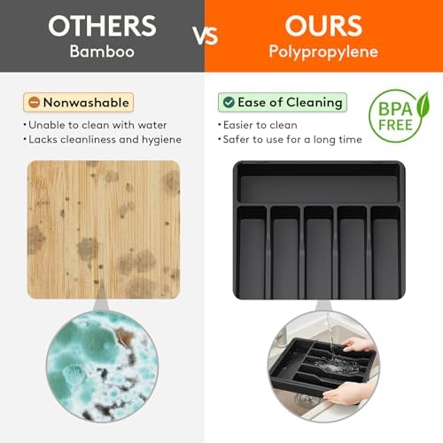 Lifewit Large Silverware Drawer Organizer, Expandable Utensil Tray for Kitchen, BPA Free Flatware and Cutlery Holder, Adjustable Plastic Storage for Spoons Forks Knives, Large, Black