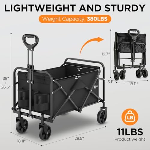 Heavy-Duty Collapsible Wagon Cart, Foldable Utility Cart with Extra Large Capacity and Drink Holders for Shopping, Camping, Grocery, Sports