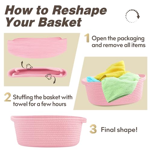 Pro Goleem Small Woven Basket with Gift Bags and Ribbons Durable Baskets for Gifts Empty Small Rope Basket for Storage 12"X 8" X 5" Baby Toy Basket with Handles, Pink