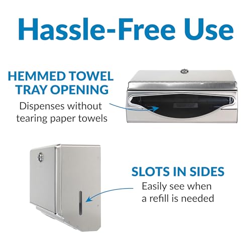 Bobrick Surface-Mounted Paper Towel Dispenser, Satin-Finish Stainless Steel, Holds 200 C-Fold & 275 Multifold Towels, ADA Compliant, Manual Operation, Tumbler Lock, Hemmed Tray Opening (Model B-26212)