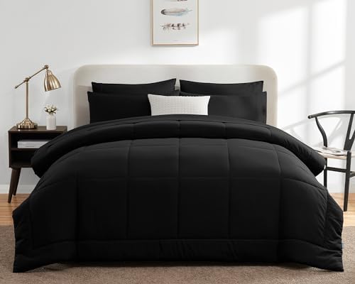 CozyLux Queen Comforter Set Black 7 Pieces Bed in a Bag Black Premium Comforters Queen Size Bed Set Bedding Sets Queen with All Season Stitch Quilted Comforter, Flat Sheet, Fitted Sheet, Pillowcases