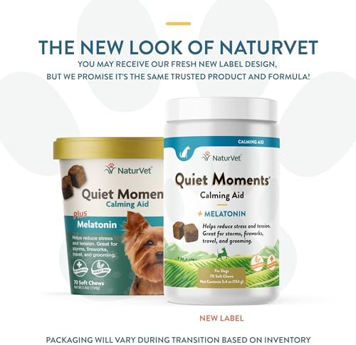 NaturVet Quiet Moments Calming Aid Dog Supplement – Helps Promote Relaxation, Reduce Stress, Storm Anxiety, Fireworks, Motion Sickness for Dogs – Tasty Pet Soft Chews with Melatonin – 70 Ct.