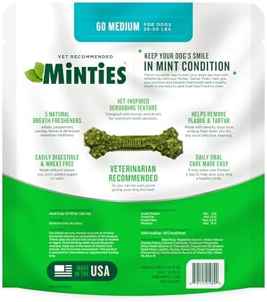 Minties Dental Chews for Dogs, 60 Count, Vet-Recommended Mint-Flavored Treats for Medium Dogs 25-50 lbs, Bones Clean Teeth, Fight Bad Breath, and Removes Plaque and Tartar