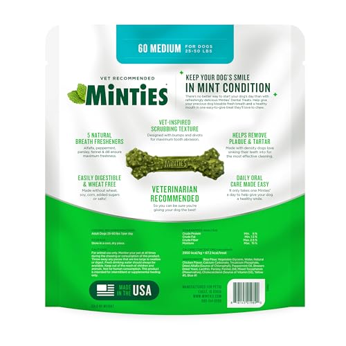 Minties Dental Chews for Dogs, 60 Count, Vet-Recommended Mint-Flavored Treats for Medium Dogs 25-50 lbs, Bones Clean Teeth, Fight Bad Breath, and Removes Plaque and Tartar