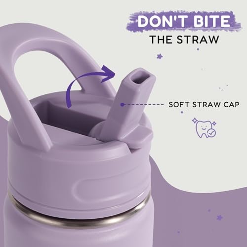 12oz Kids Water Bottle for School, Toddler Bottles with Straws, Stainless Steel Vacuum Insulated Water Bottle for Boys&Girls, Leak-Proof, BPA-Free, Purple