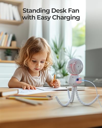 Koonie Astronaut Portable Stroller Fan, Baby-Safe Clip-on with Detachable Flexible Tripod, 3-Speeds, 270° Rotation, Rechargeable Battery-Operated, Handheld Gear for Car Seats, Cribs, Treadmills,Travel