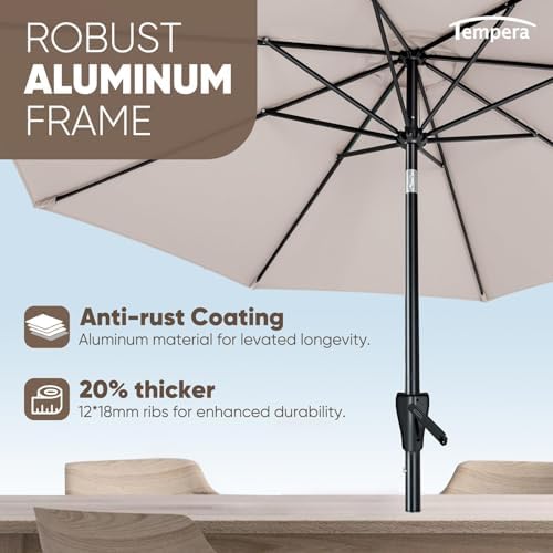 Tempera Patio Market Outdoor Table Umbrella with Push Button Tilt and Crank,Large Sun Umbrella with Sturdy Pole&Fade resistant canopy,Easy to set