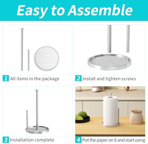 Paper Towel Holder Countertop, Standing Paper Roll Holder with Anti Slip Weighted Base, Stainless Steel Freestanding Paper Towel Holder for Kitchen, Silver