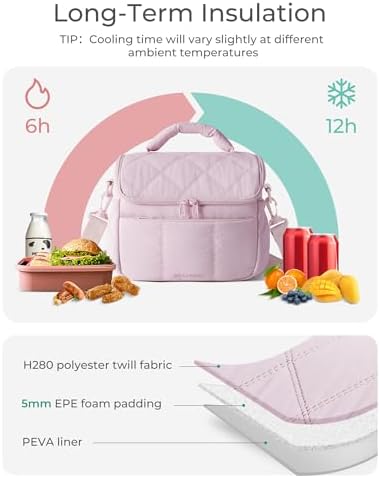 BAGSMART Insulated Lunch Bags for Women, Cute Quilted Lunch Box, Lightweight Puffy Padded Waterproof Lunch Tote, Reusable Lunch Cooler for Work Picnic Travel, Pink